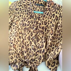 Velvet Leopard Print Button-Up Blouse silk M